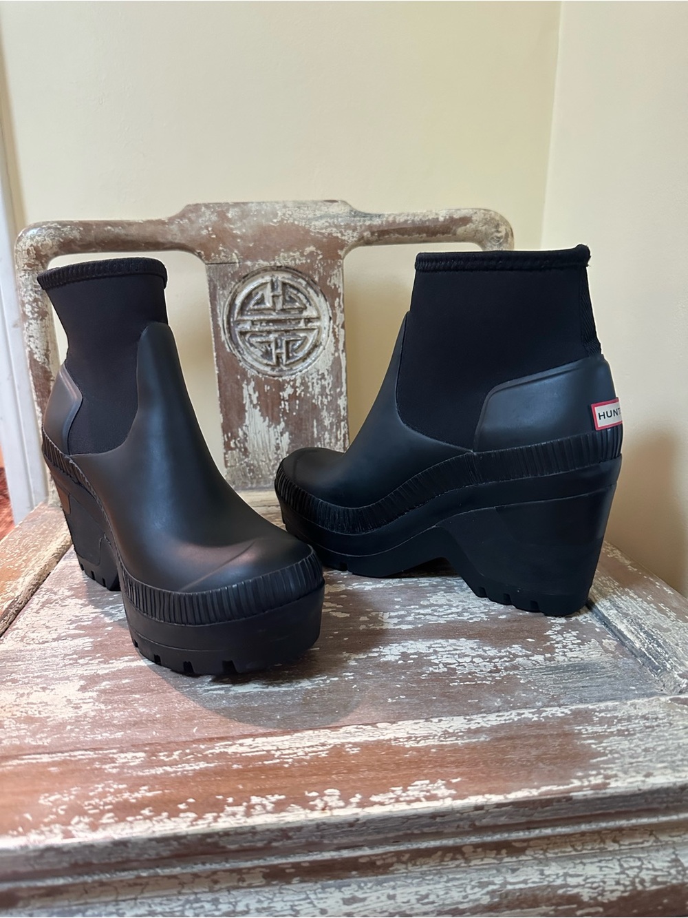HUNTER Black Wedge Rain Sock Ankle Boots with Neoprene Collar Women